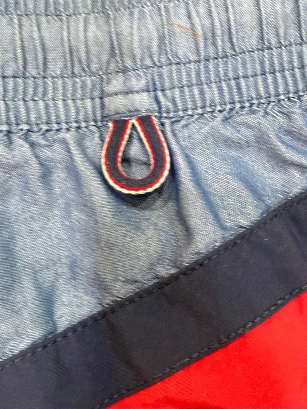 Tommy Hilfiger Men’s Blue Swim Trunks with Red & White Diagonal Stripe
